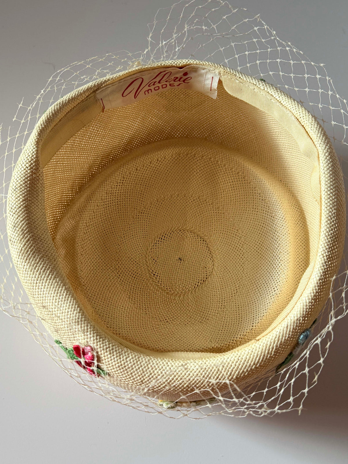 Vintage 1950s Valerie Modes Hat | Embroidered Floral Pillbox | Ivory Straw Veiled Hat