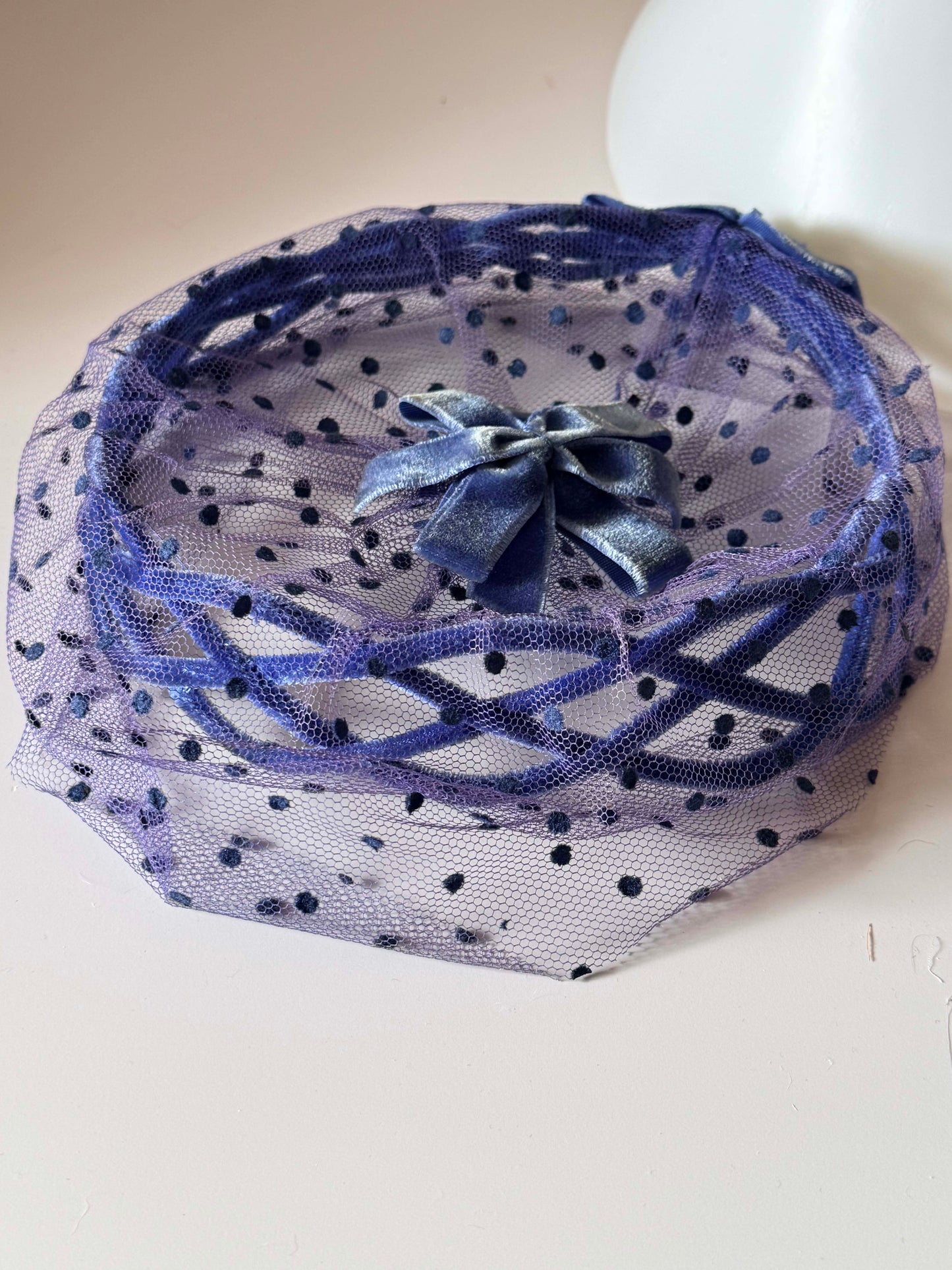 1950s Blue Velvet cake and & Polka Dot Veil Halo Hat – Elegant Mid-Century Cocktail Fascinator