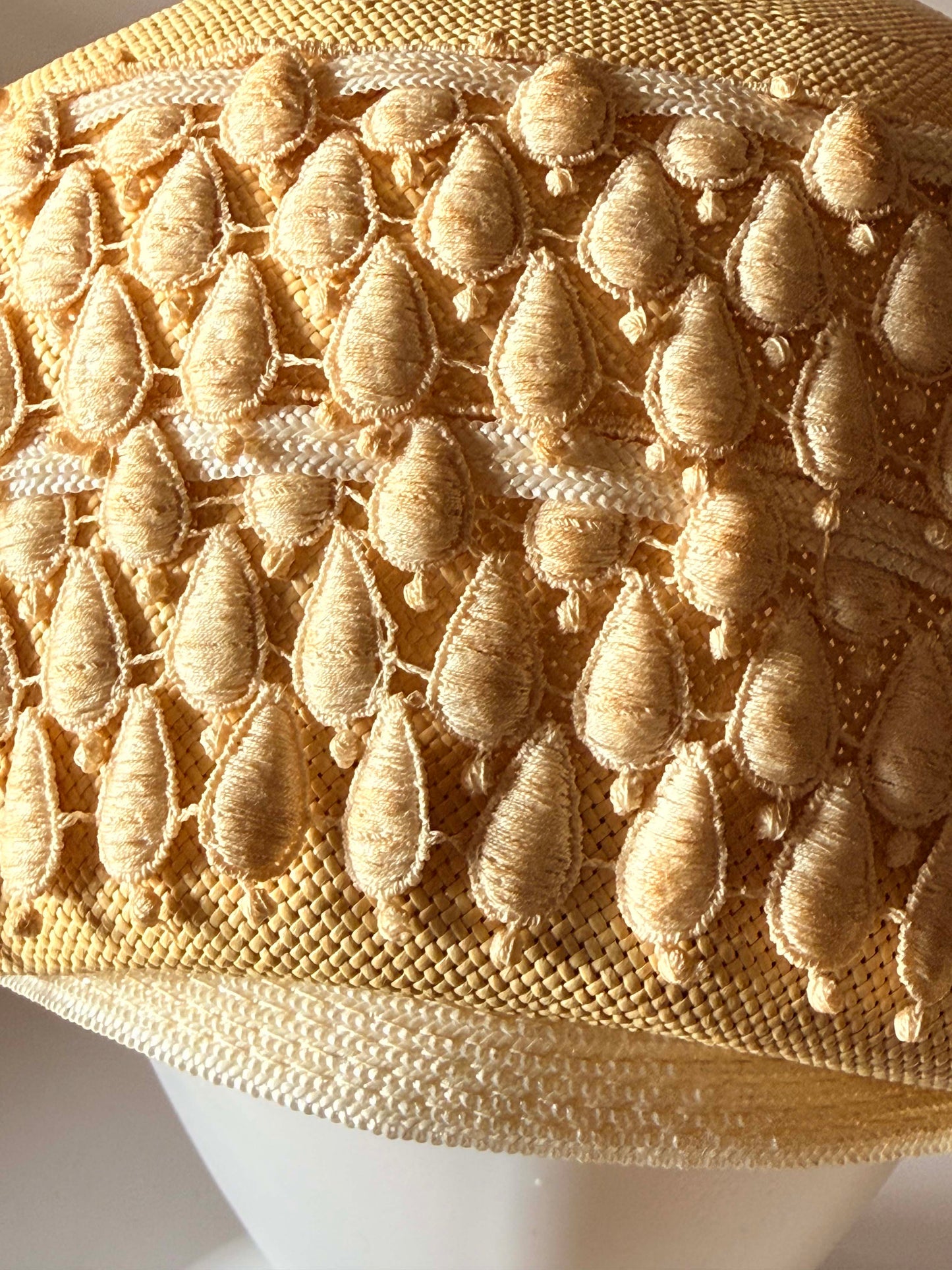 1960s Quaker Maid Cream Straw Pillbox Hat – Textured Tassel Trim Mid-Century Summer Hat