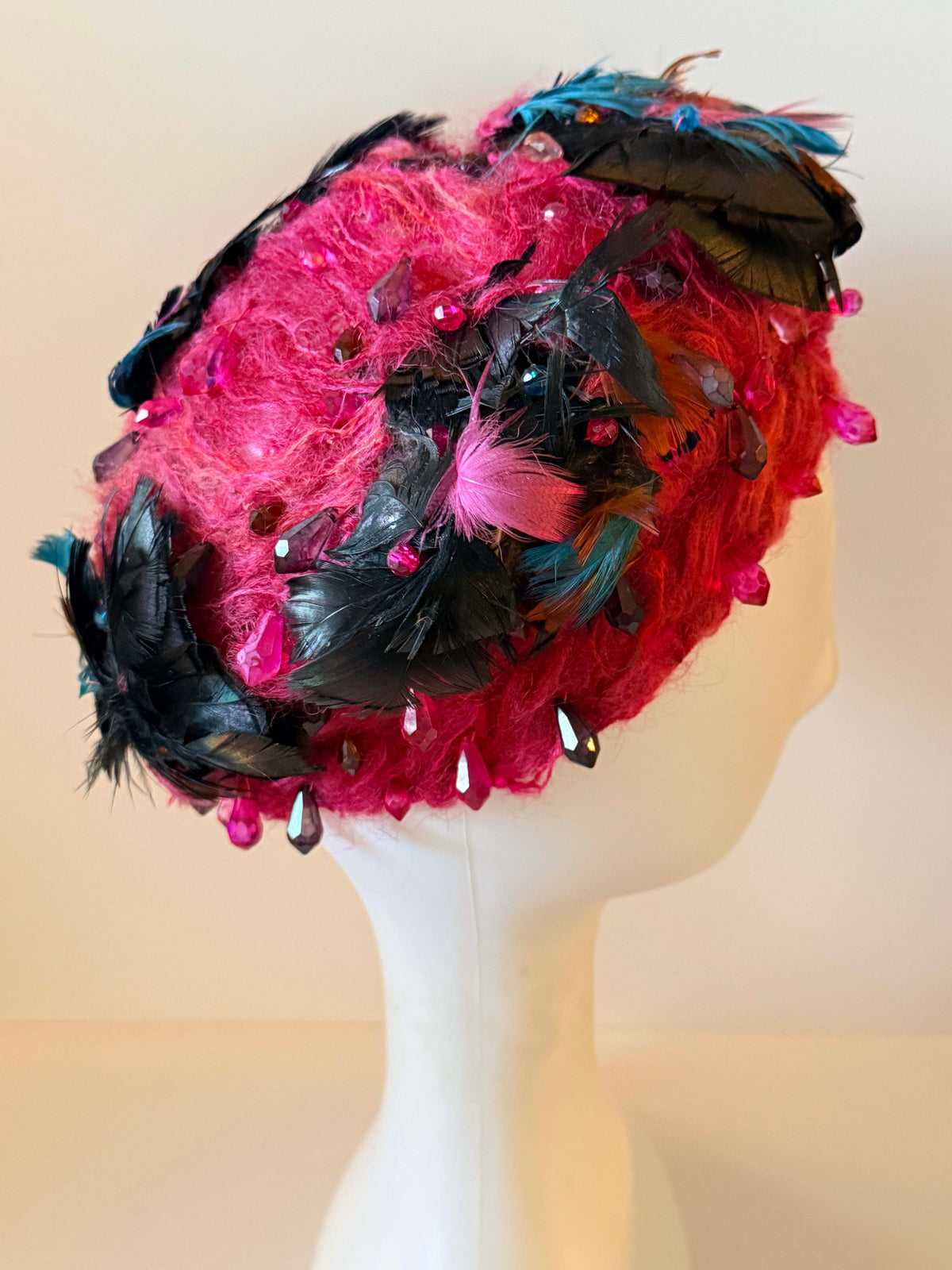Vintage Christian Dior Chapeaux Hat | Pink Feather Crystal Cocktail Hat | Paris New York Designer Millinery