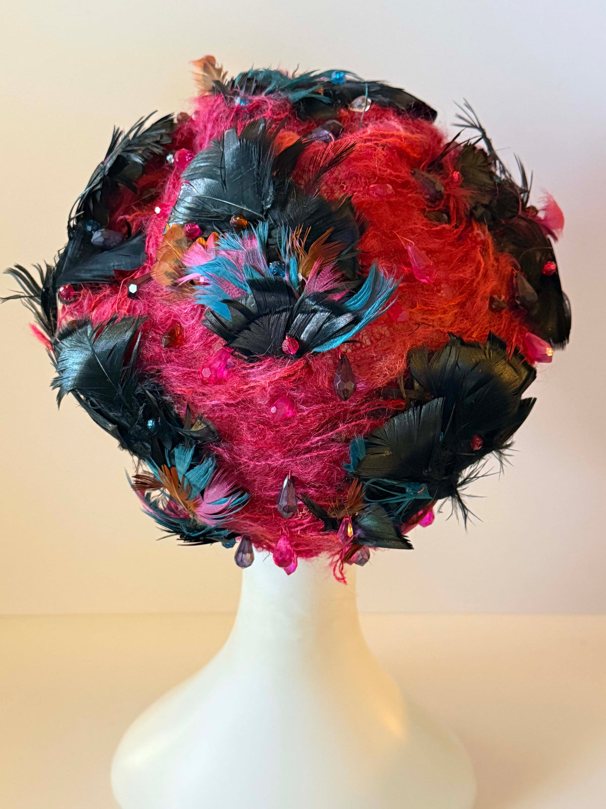 Vintage Christian Dior Chapeaux Hat | Pink Feather Crystal Cocktail Hat | Paris New York Designer Millinery