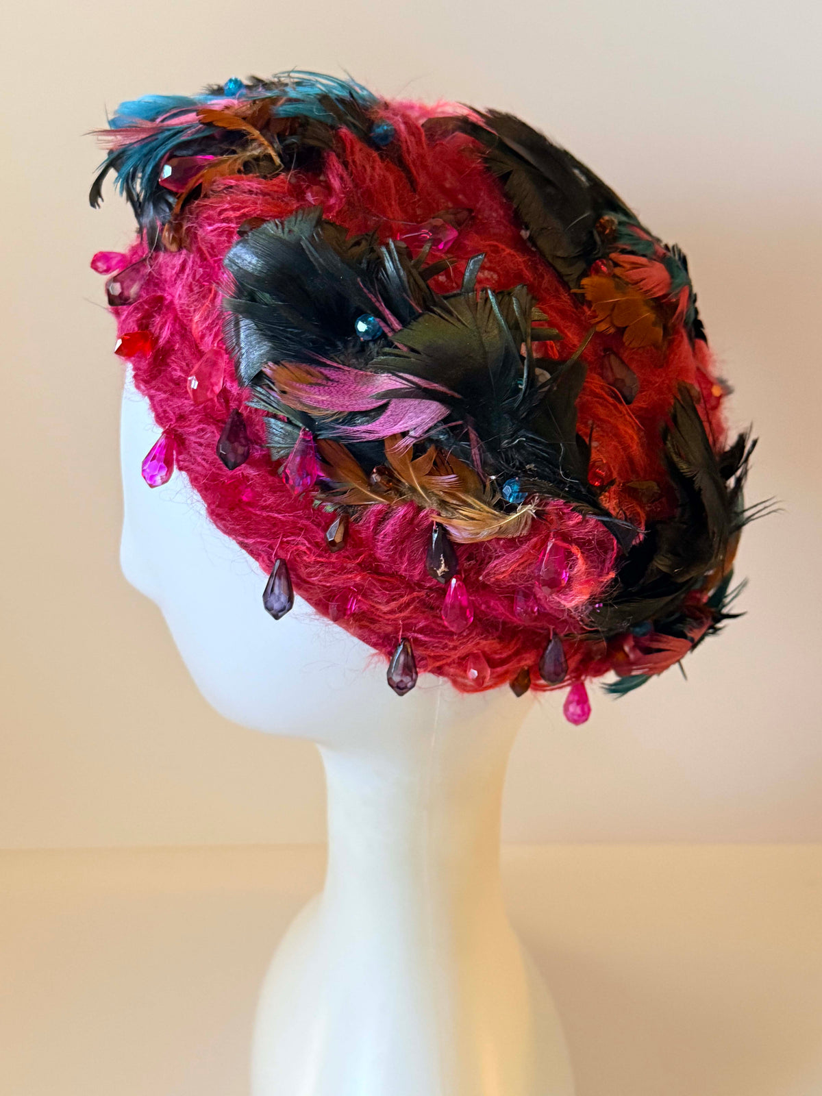Vintage Christian Dior Chapeaux Hat | Pink Feather Crystal Cocktail Hat | Paris New York Designer Millinery