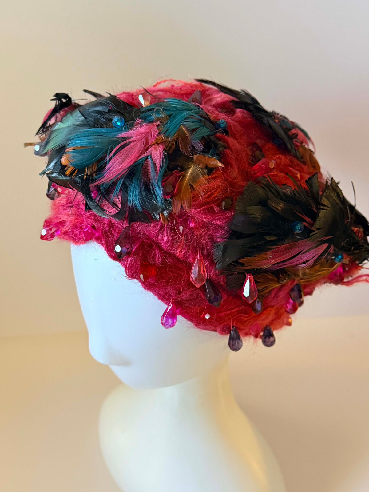 Vintage Christian Dior Chapeaux Hat | Pink Feather Crystal Cocktail Hat | Paris New York Designer Millinery