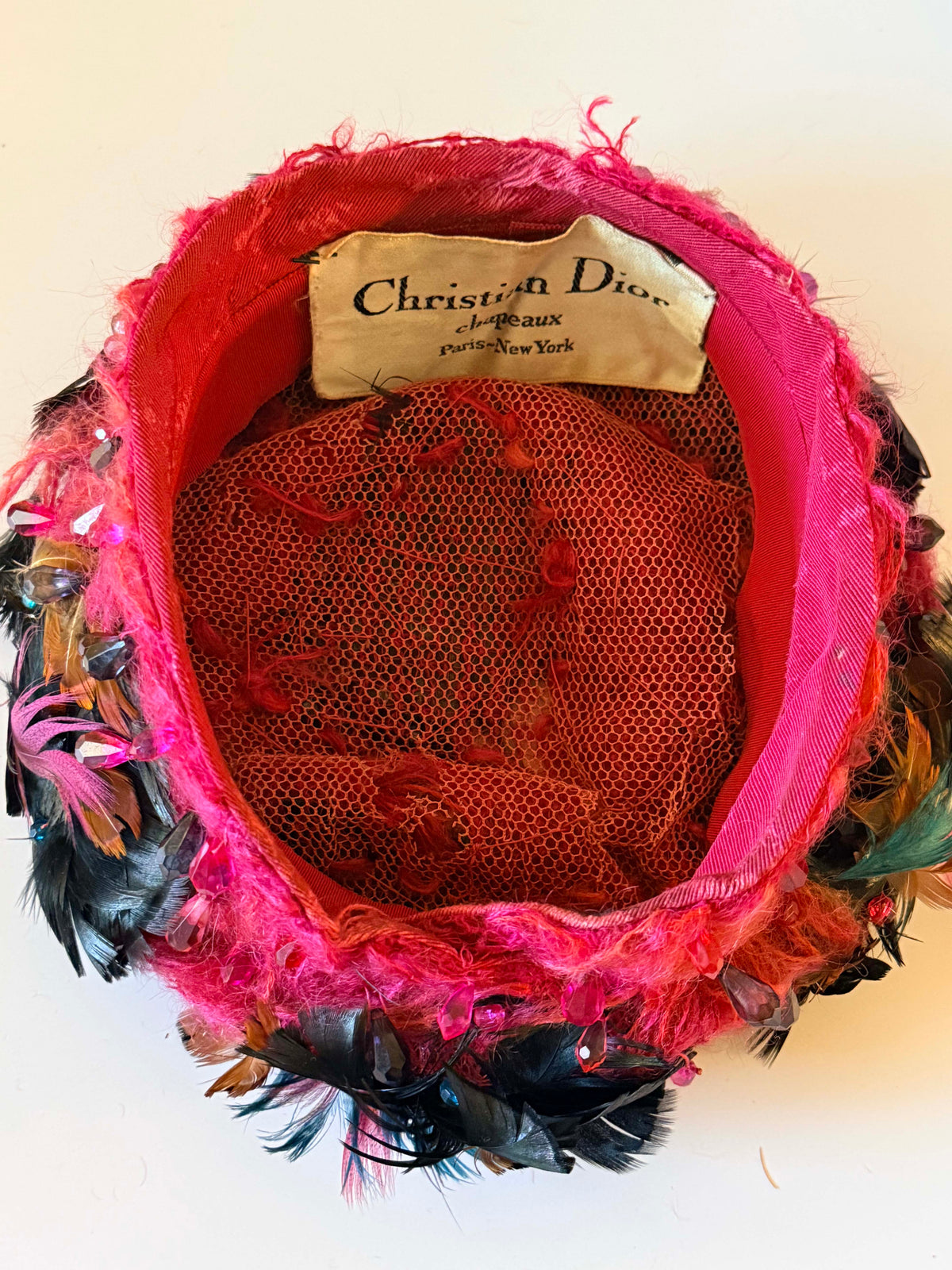 Vintage Christian Dior Chapeaux Hat | Pink Feather Crystal Cocktail Hat | Paris New York Designer Millinery