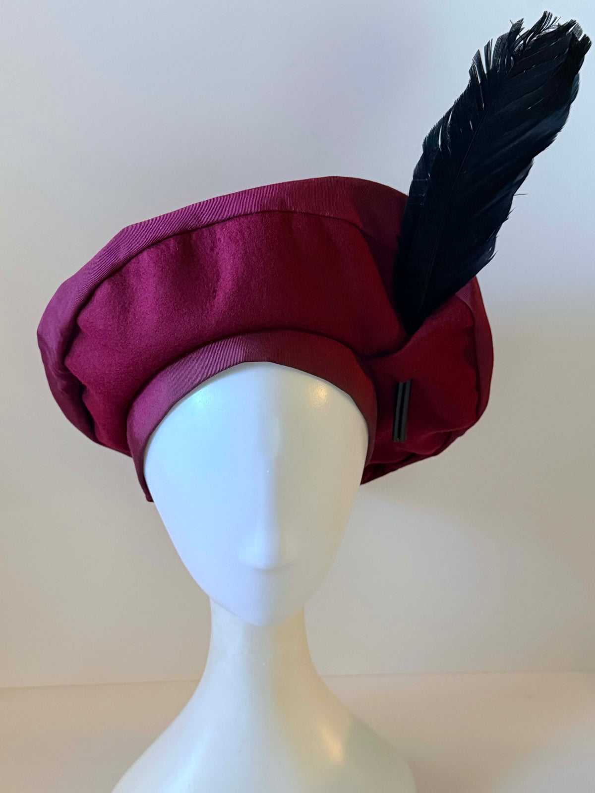 Vintage 1940s Burgundy Felt Tilt Hat | Black Feather WWII Era Hat | Sculptural Vintage Millinery