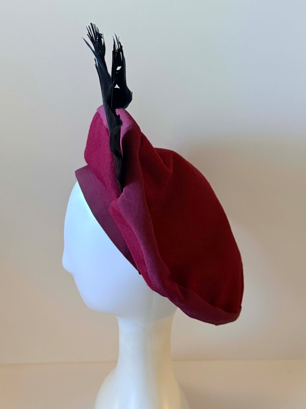 Vintage 1940s Burgundy Felt Tilt Hat | Black Feather WWII Era Hat | Sculptural Vintage Millinery