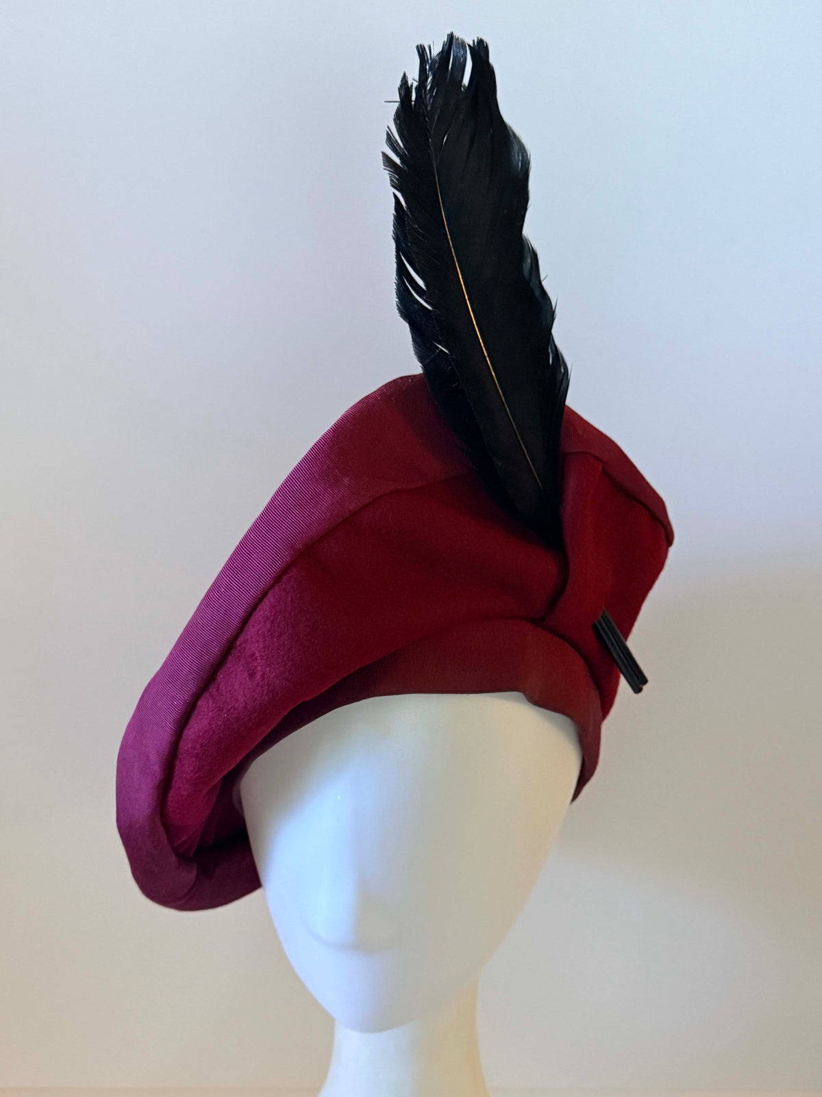 Vintage 1940s Burgundy Felt Tilt Hat | Black Feather WWII Era Hat | Sculptural Vintage Millinery