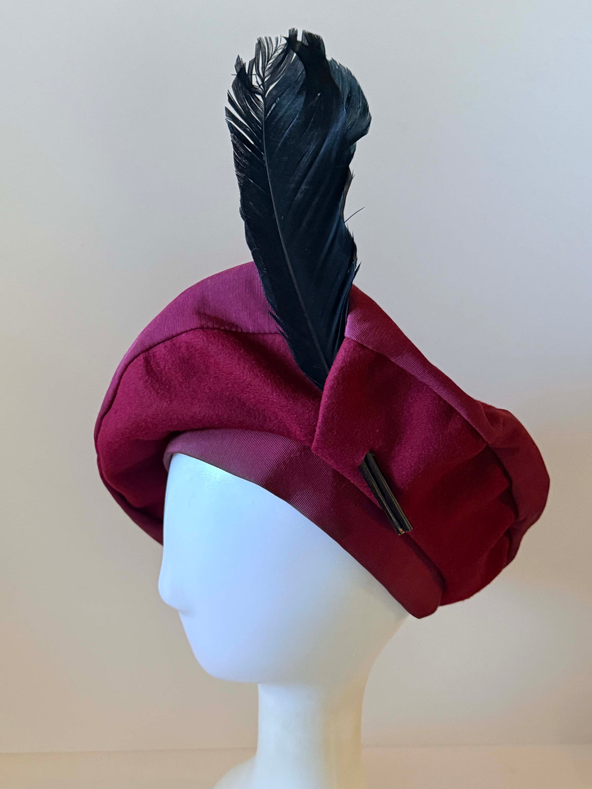 Vintage 1940s Burgundy Felt Tilt Hat | Black Feather WWII Era Hat | Sculptural Vintage Millinery