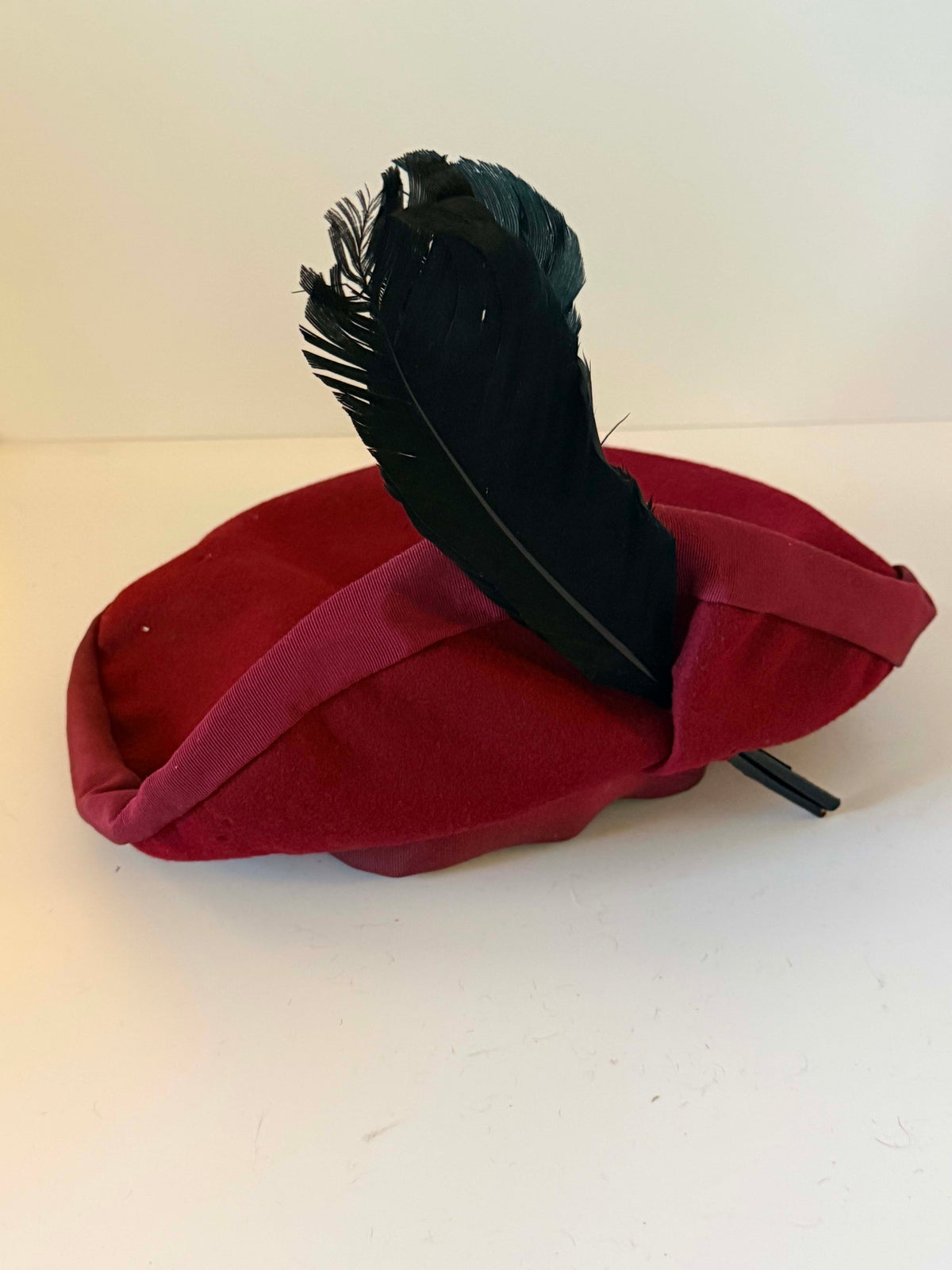 Vintage 1940s Burgundy Felt Tilt Hat | Black Feather WWII Era Hat | Sculptural Vintage Millinery