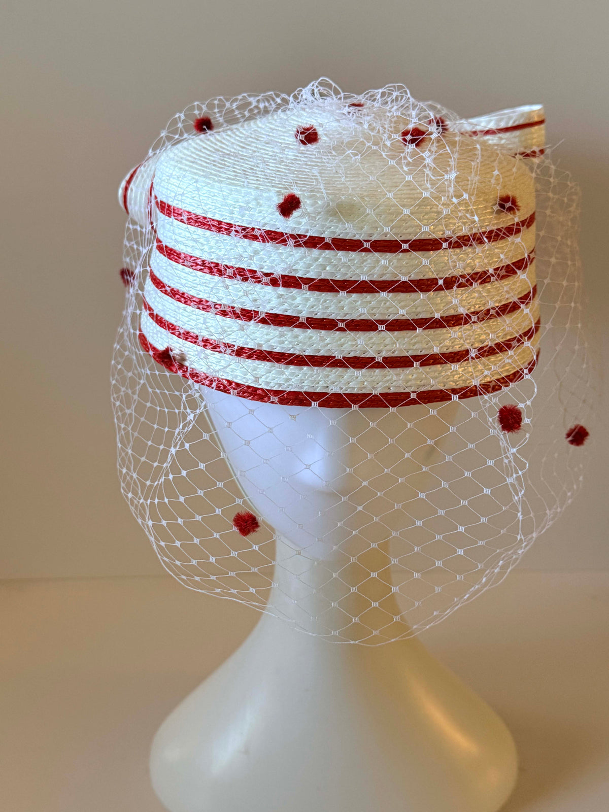 Vintage 1950s Red White Pillbox Hat | Rose Floral Veil Straw Hat | Polka Dot Netting Cocktail Hat