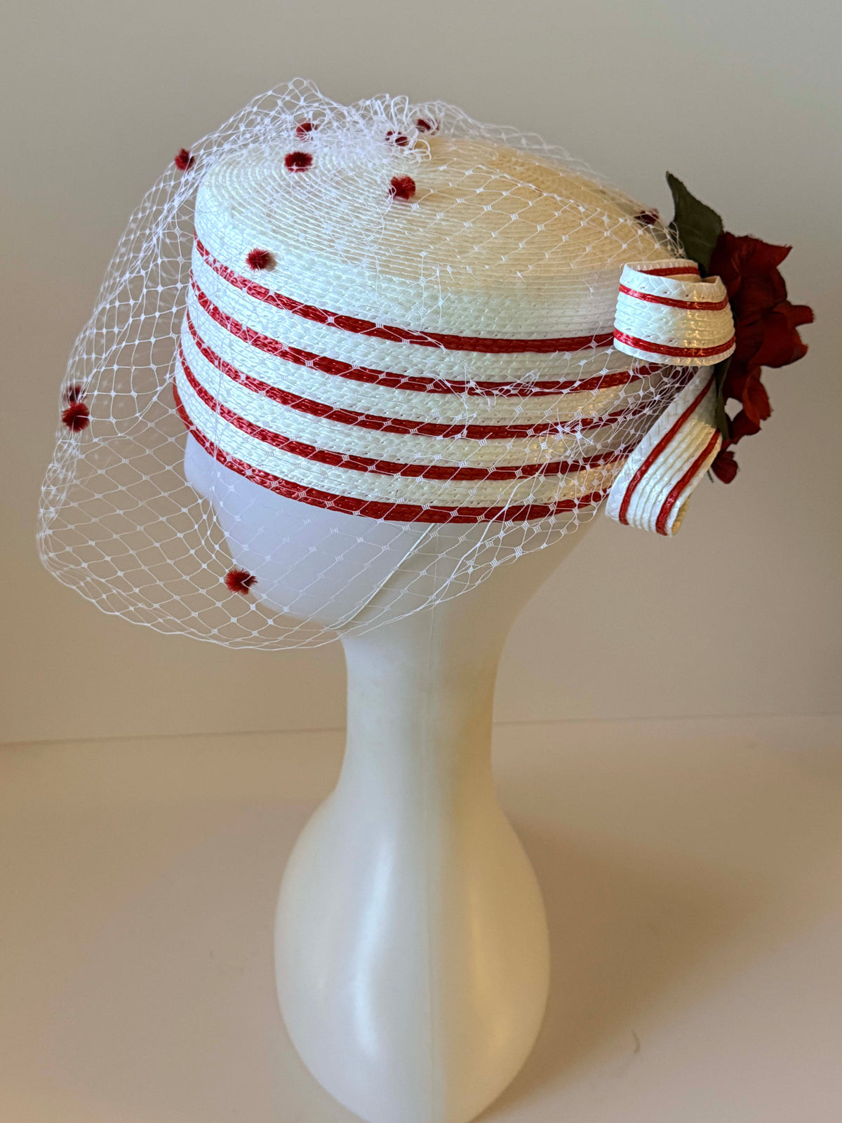 Vintage 1950s Red White Pillbox Hat | Rose Floral Veil Straw Hat | Polka Dot Netting Cocktail Hat