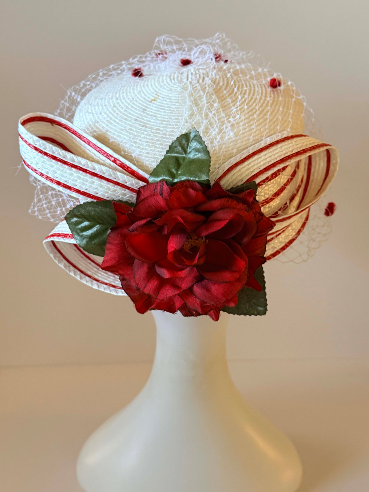 Vintage 1950s Red White Pillbox Hat | Rose Floral Veil Straw Hat | Polka Dot Netting Cocktail Hat