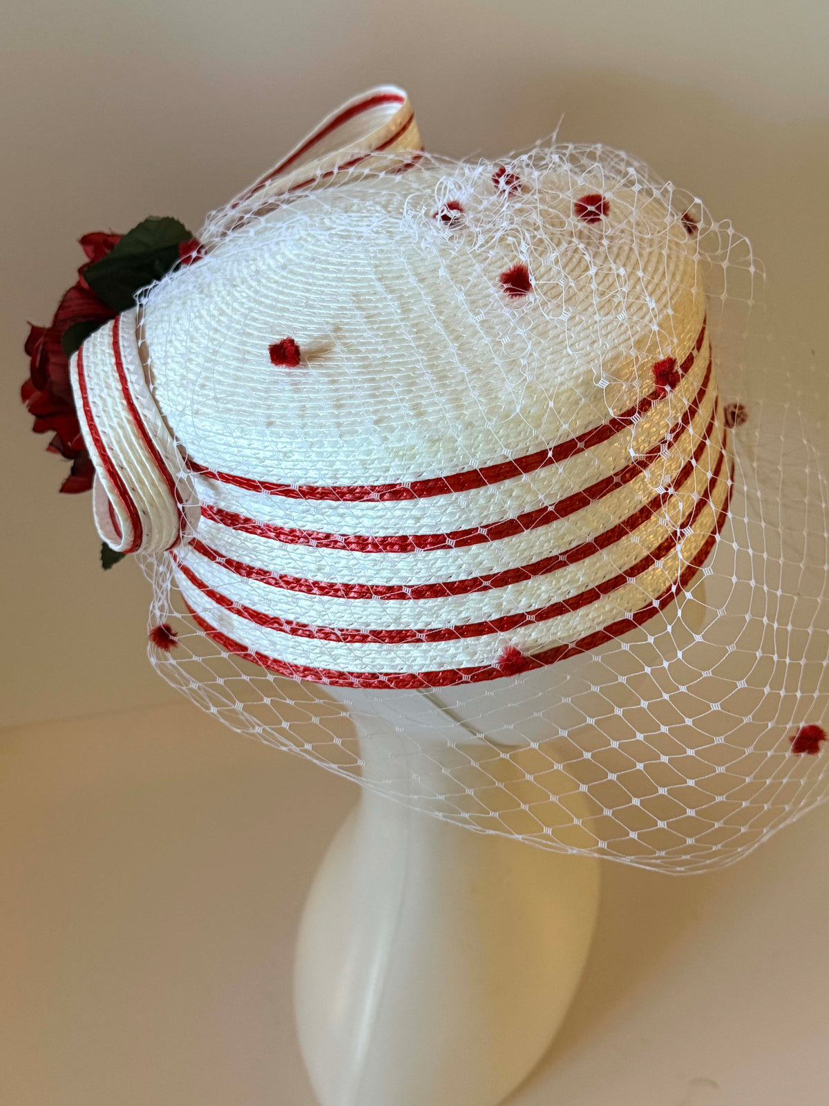 Vintage 1950s Red White Pillbox Hat | Rose Floral Veil Straw Hat | Polka Dot Netting Cocktail Hat