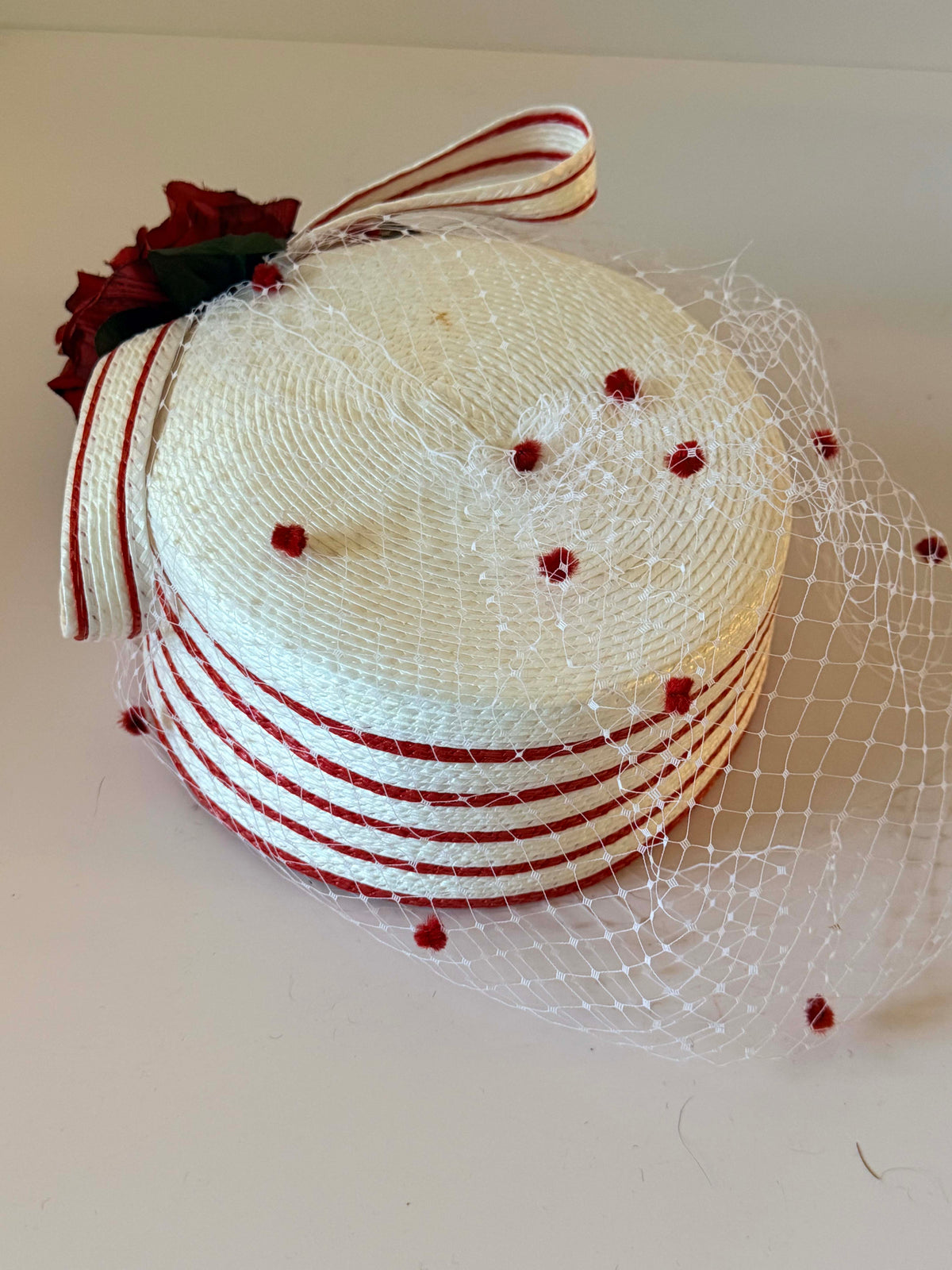Vintage 1950s Red White Pillbox Hat | Rose Floral Veil Straw Hat | Polka Dot Netting Cocktail Hat