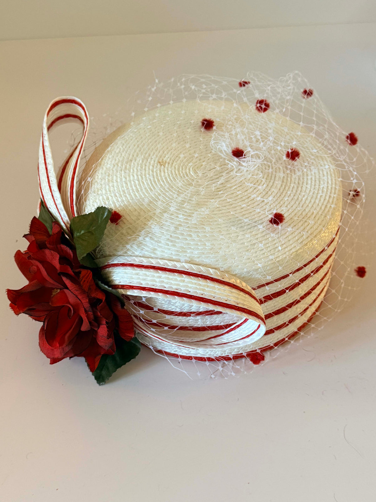 Vintage 1950s Red White Pillbox Hat | Rose Floral Veil Straw Hat | Polka Dot Netting Cocktail Hat