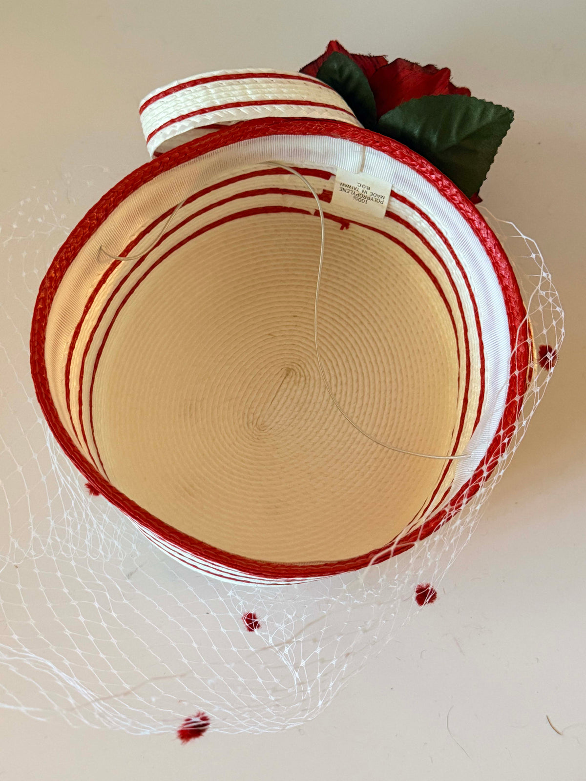 Vintage 1950s Red White Pillbox Hat | Rose Floral Veil Straw Hat | Polka Dot Netting Cocktail Hat