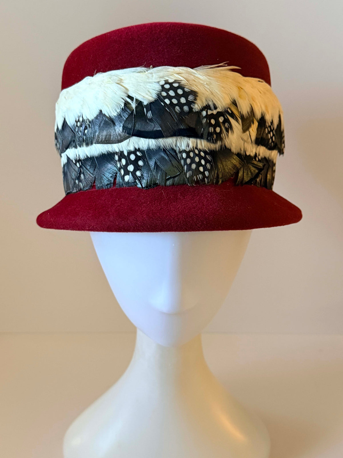 Vintage 1950s Strauss Herschberg Hat | Red Velour Felt Feather Hat | Black White Guinea Feather Hat