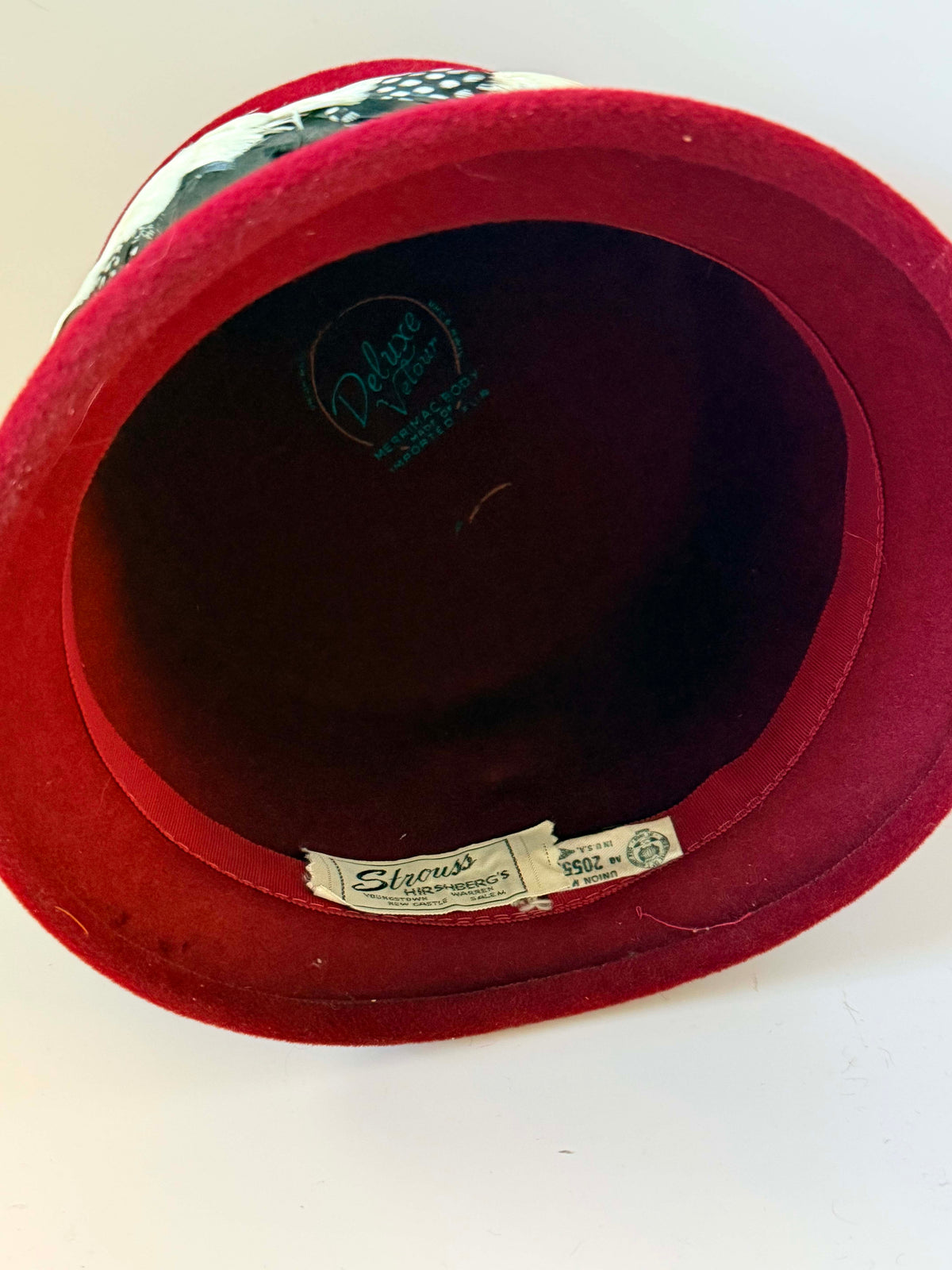 Vintage 1950s Strauss Herschberg Hat | Red Velour Felt Feather Hat | Black White Guinea Feather Hat