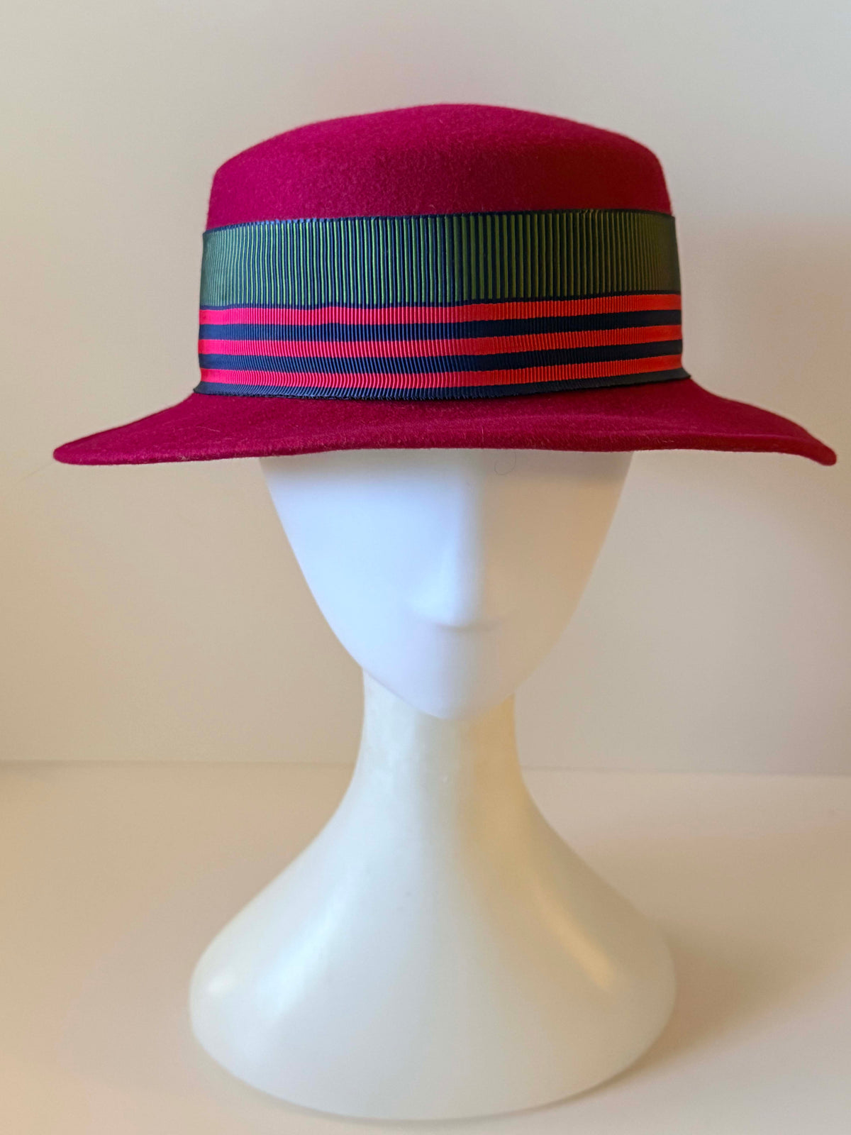 Vintage 1960s Bollman Red Felt Hat | Striped Grosgrain Ribbon Breton Hat | Merrimac Wool Hat