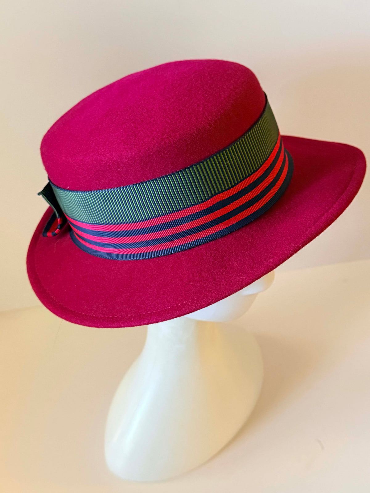Vintage 1960s Bollman Red Felt Hat | Striped Grosgrain Ribbon Breton Hat | Merrimac Wool Hat