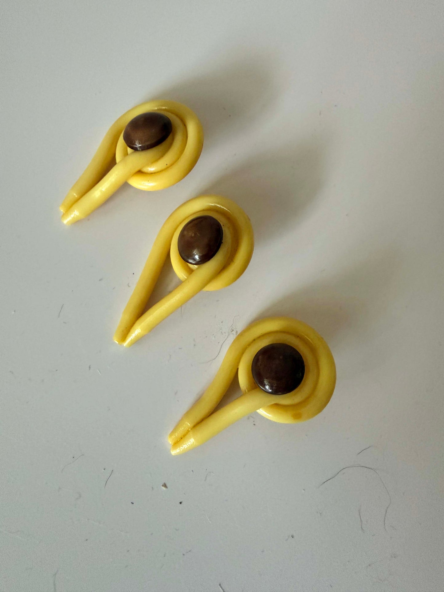 Vintage Yellow Bakelite Buttons Set of 3 Sculptural Art Deco Style Buttons Mid Century Sewing Findings