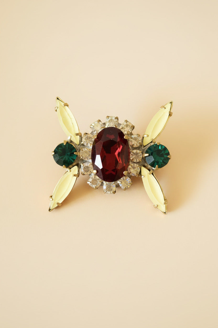 Vintage Rhinestone Statement Button Art Deco Jewel Button Red Green Crystal Gold Tone Sewing Embellishment