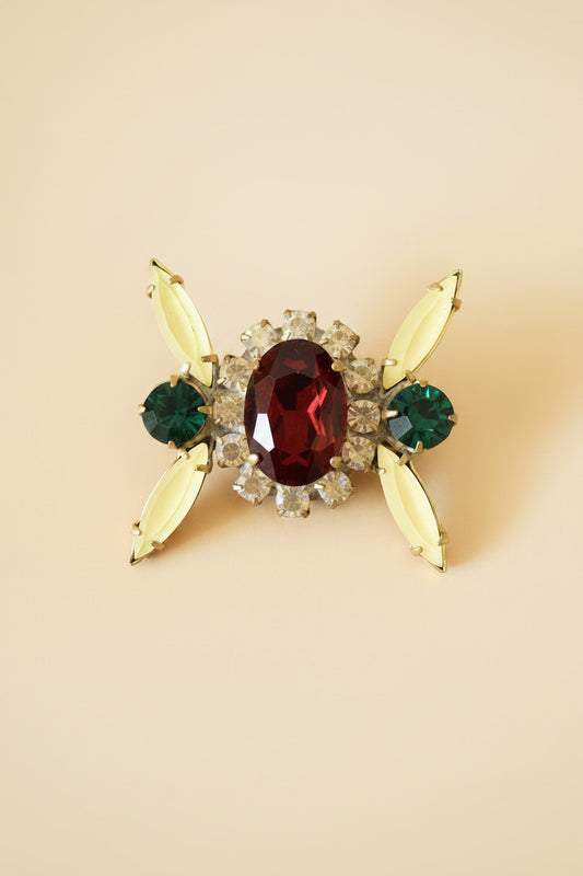 Vintage Rhinestone Statement Button Art Deco Jewel Button Red Green Crystal Gold Tone Sewing Embellishment