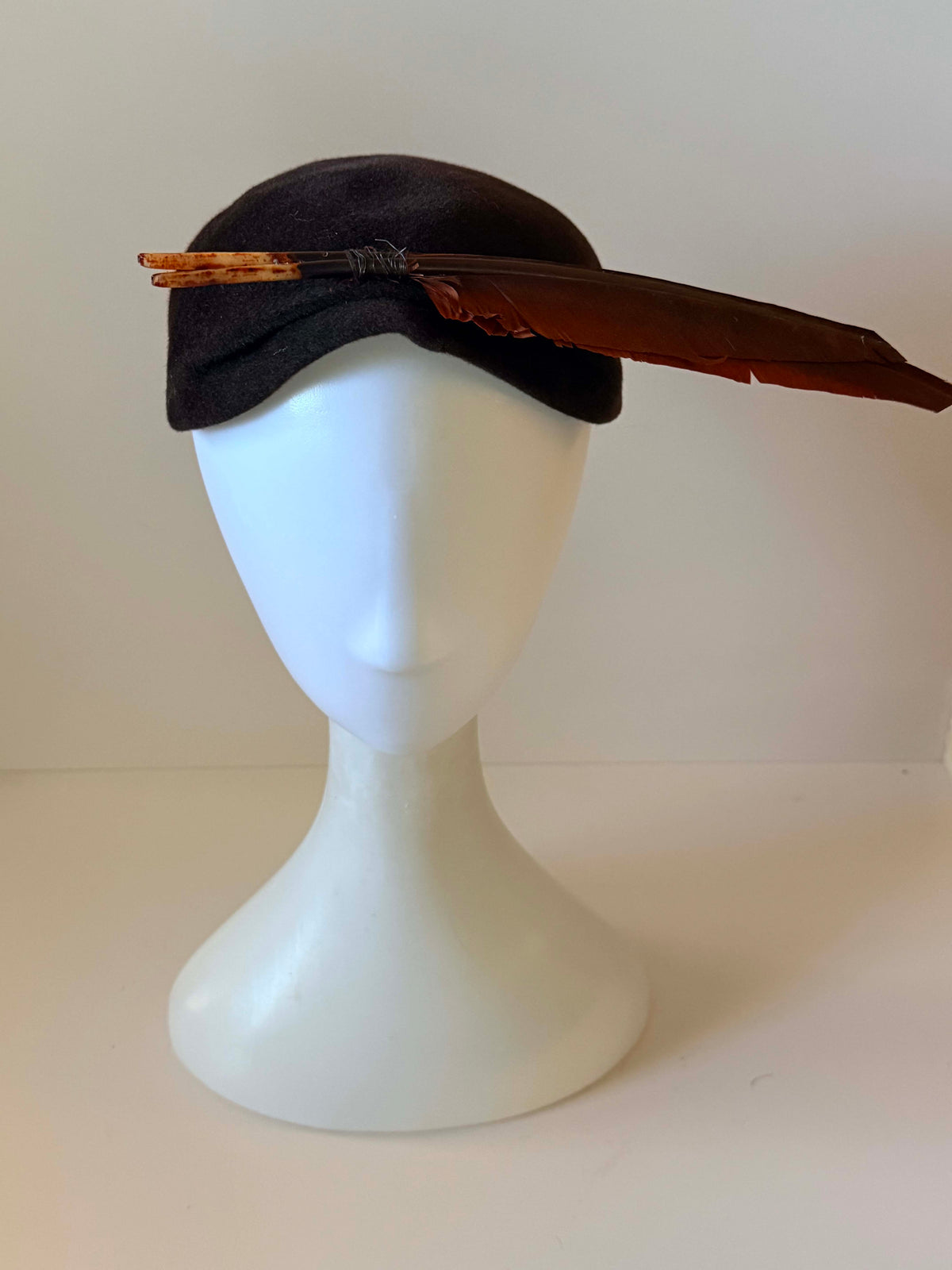 Vintage 1940s Black Felt Tilt Hat | Brown Feather Accent | WWII Era Sculptural Cocktail Hat