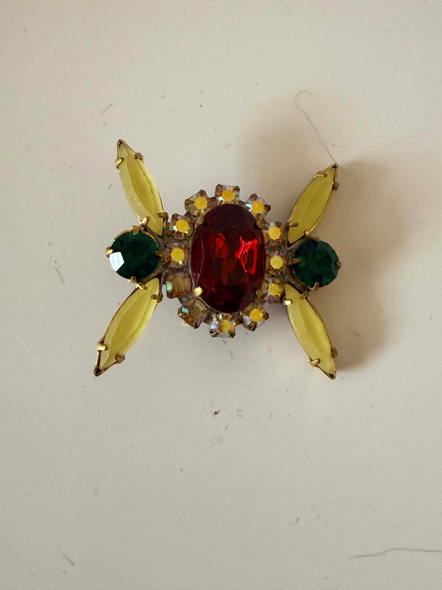 Vintage Rhinestone Statement Button Art Deco Jewel Button Red Green Crystal Gold Tone Sewing Embellishment