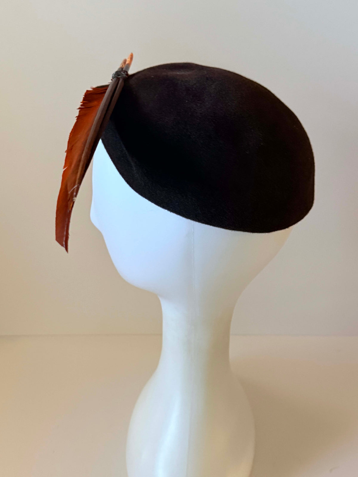 Vintage 1940s Black Felt Tilt Hat | Brown Feather Accent | WWII Era Sculptural Cocktail Hat