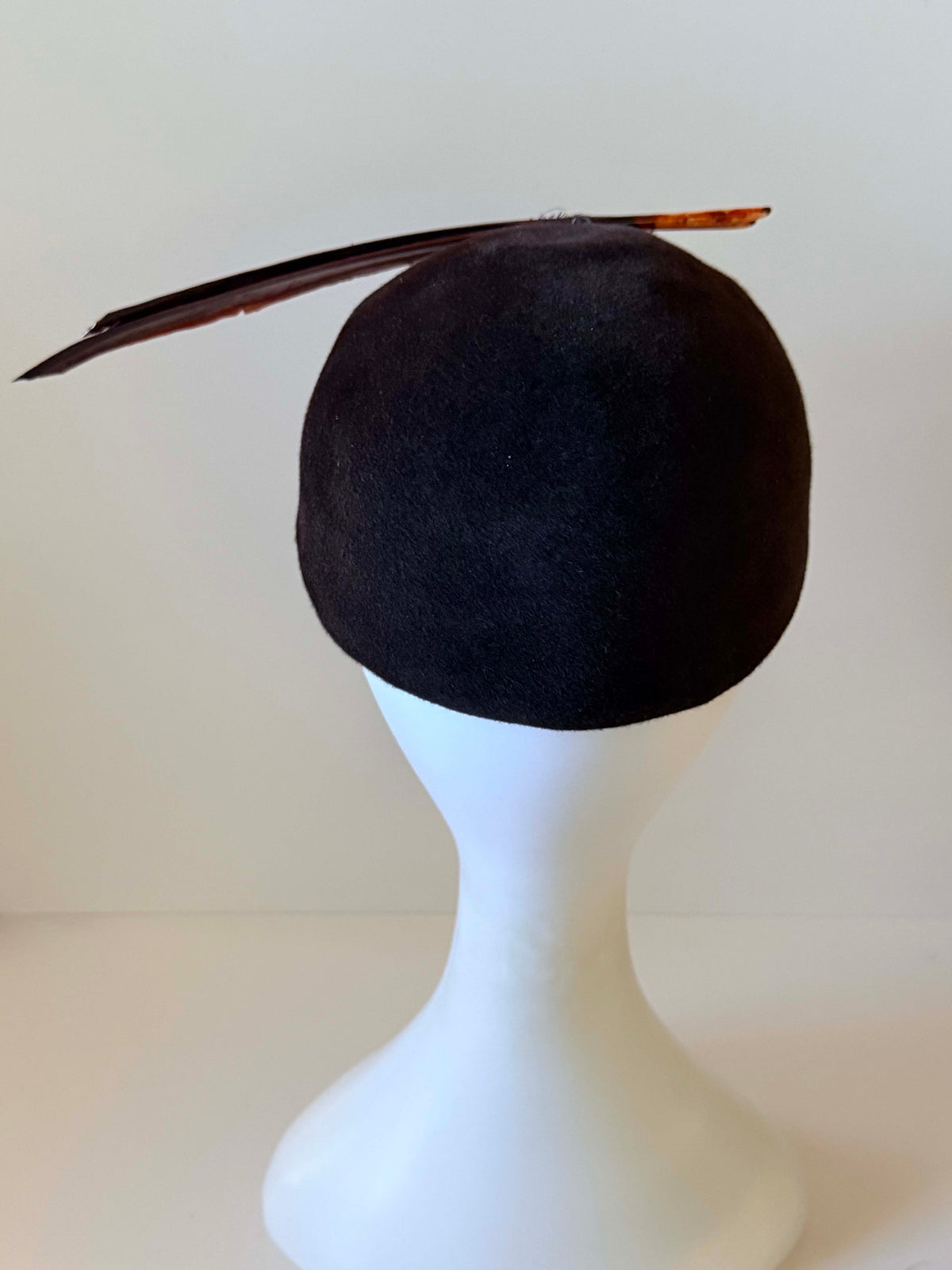 Vintage 1940s Black Felt Tilt Hat | Brown Feather Accent | WWII Era Sculptural Cocktail Hat