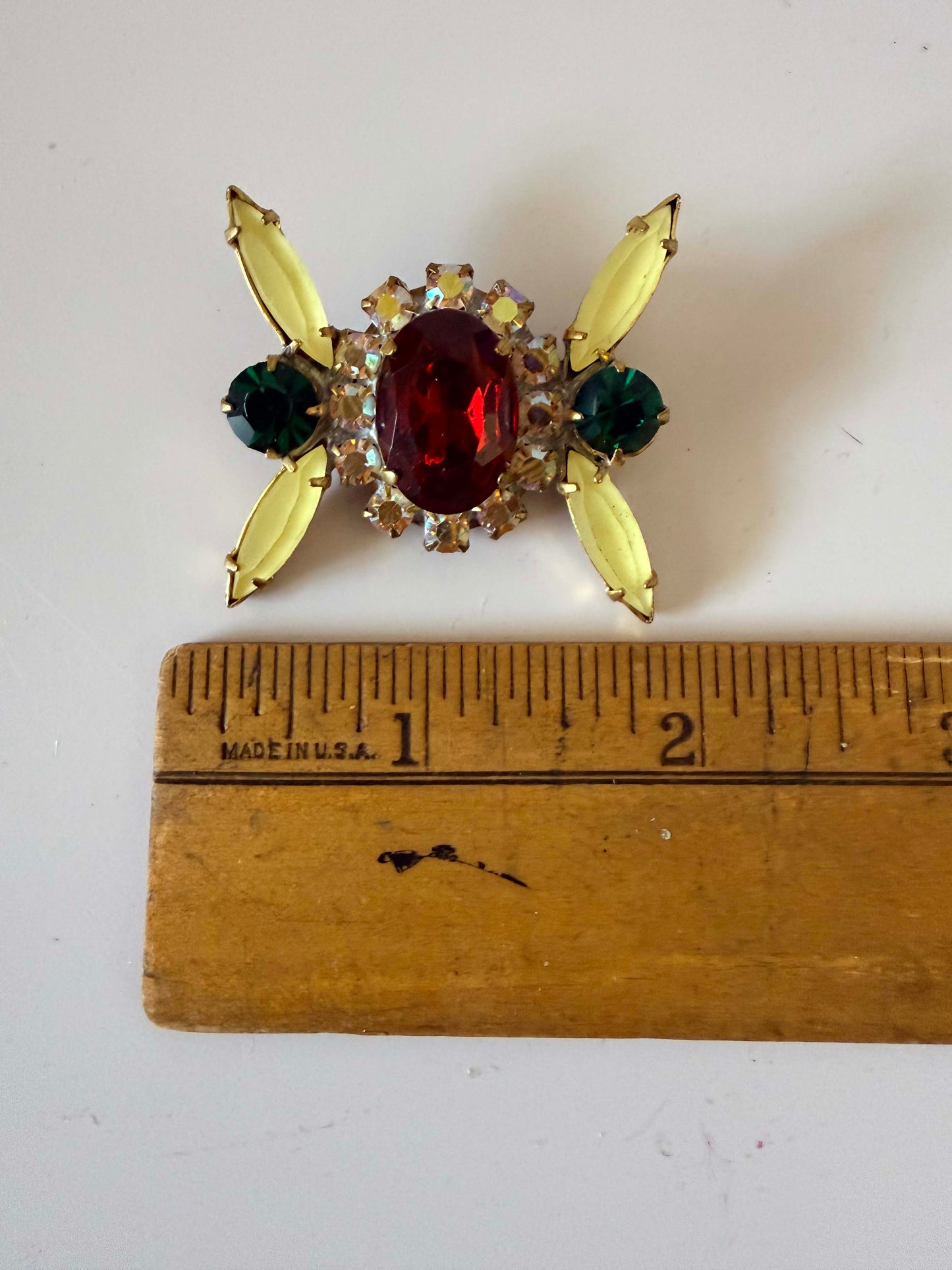 Vintage Rhinestone Statement Button Art Deco Jewel Button Red Green Crystal Gold Tone Sewing Embellishment