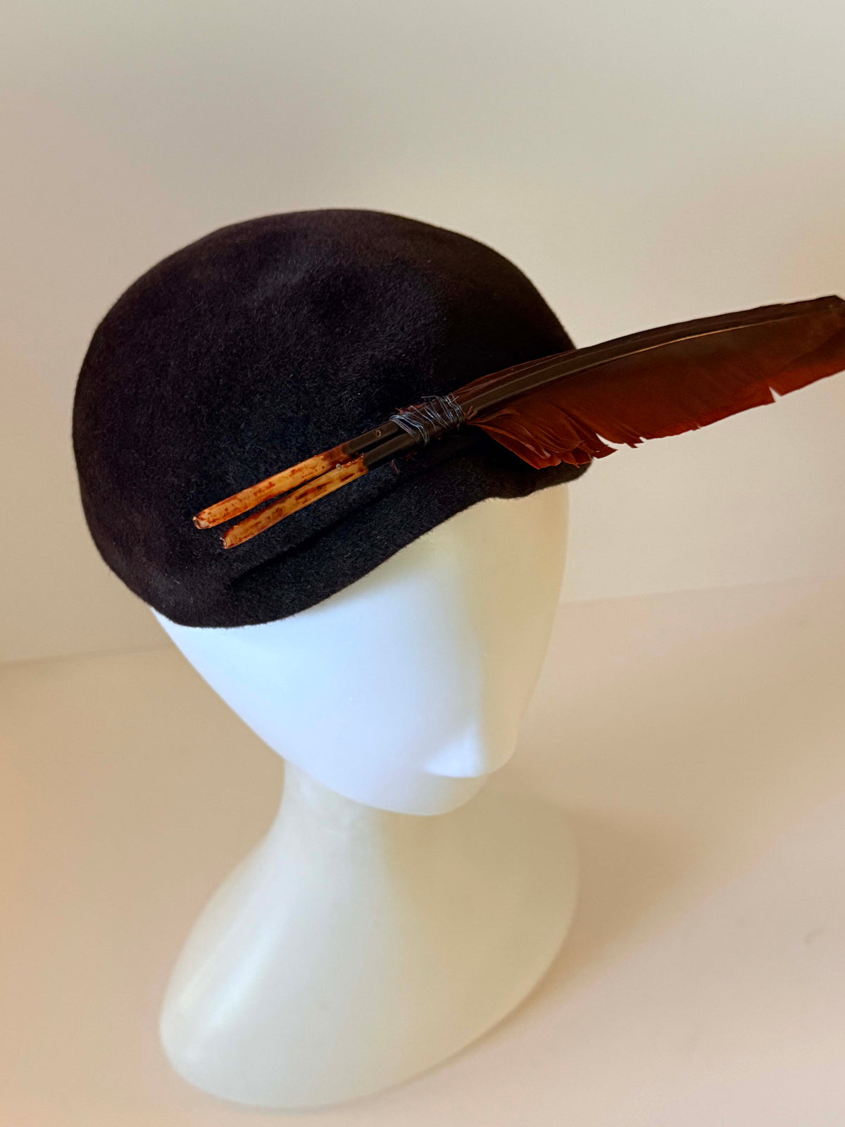 Vintage 1940s Black Felt Tilt Hat | Brown Feather Accent | WWII Era Sculptural Cocktail Hat
