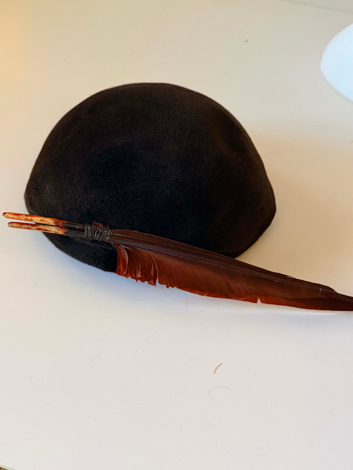 Vintage 1940s Black Felt Tilt Hat | Brown Feather Accent | WWII Era Sculptural Cocktail Hat