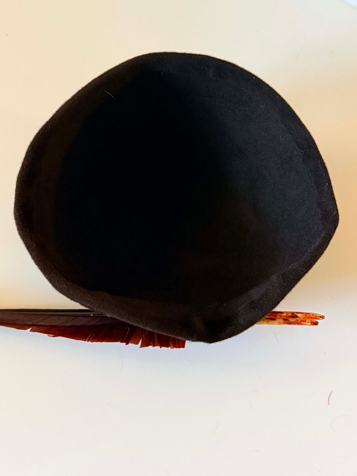 Vintage 1940s Black Felt Tilt Hat | Brown Feather Accent | WWII Era Sculptural Cocktail Hat