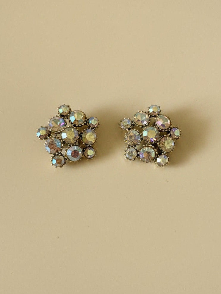 Vintage Aurora Borealis Rhinestone Cluster Buttons Set of 2 Gold Tone Mid Century Couture Buttons Bridal Trim