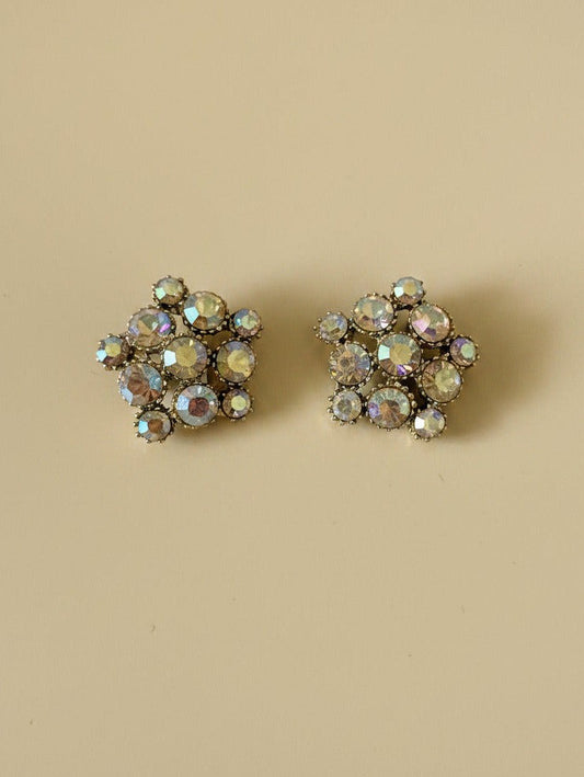 Vintage Aurora Borealis Rhinestone Cluster Buttons Set of 2 Gold Tone Mid Century Couture Buttons Bridal Trim