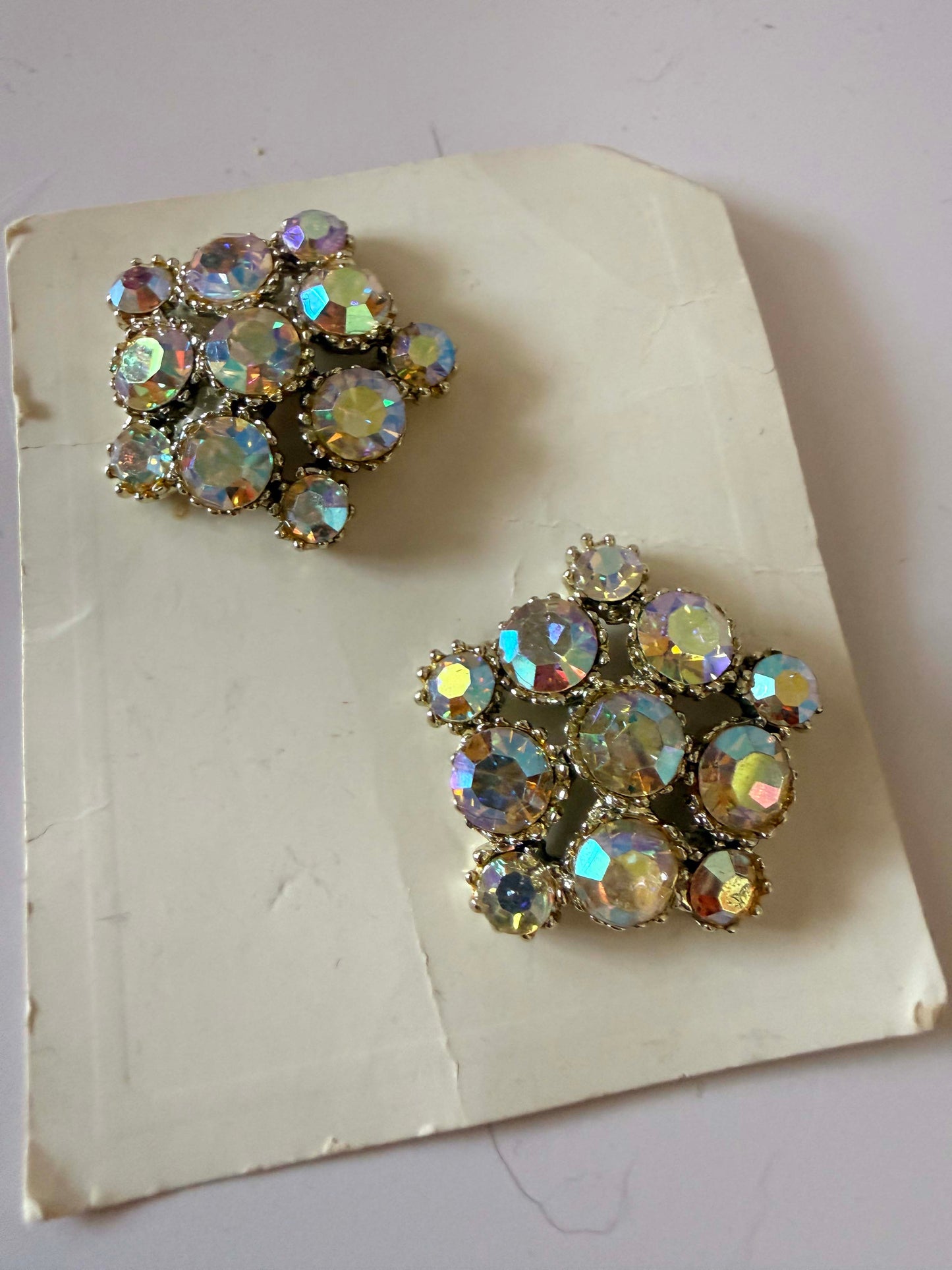 Vintage Aurora Borealis Rhinestone Cluster Buttons Set of 2 Gold Tone Mid Century Couture Buttons Bridal Trim