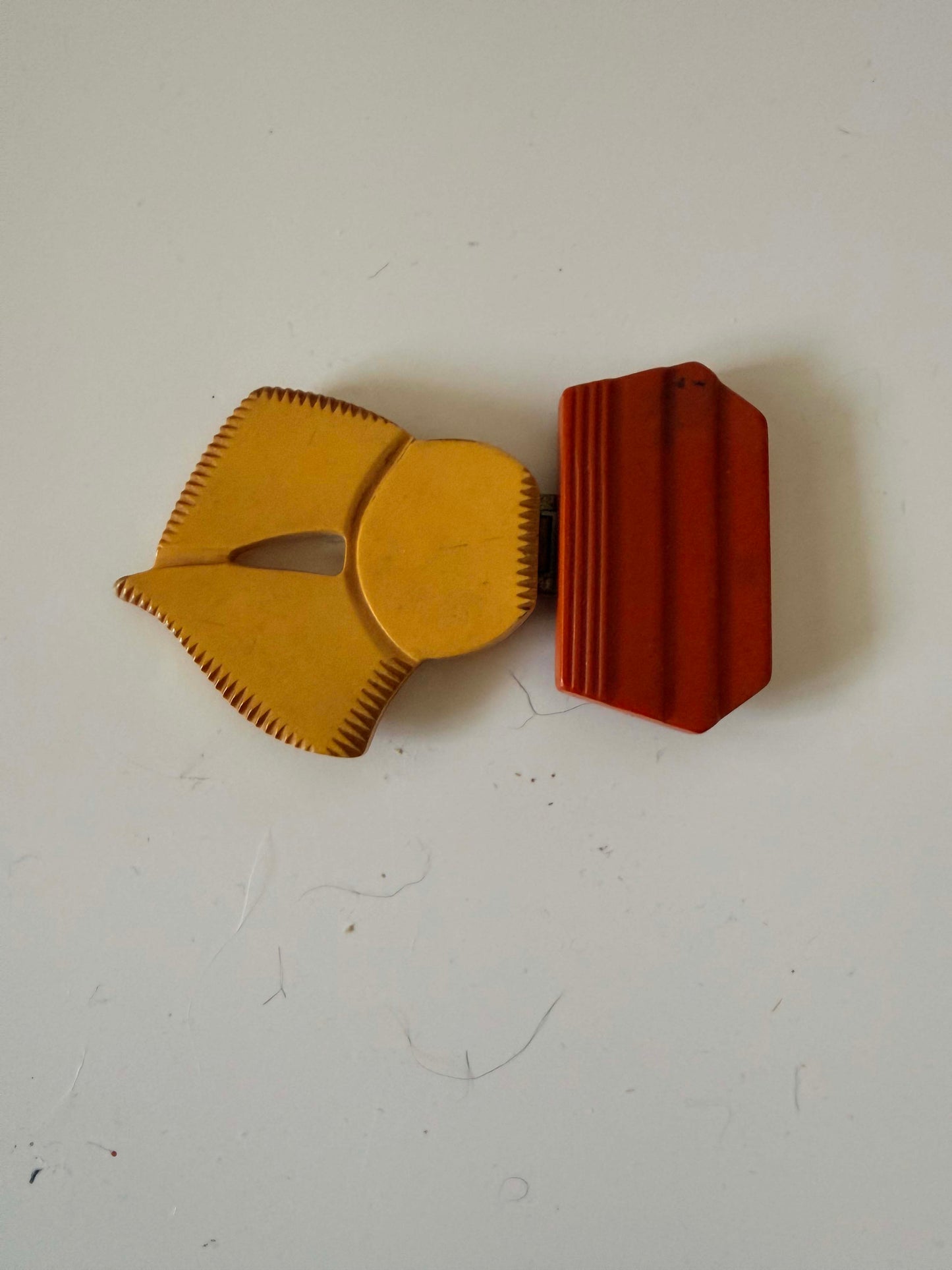 Vintage Art Deco Celluloid Belt Buckle – Asymmetrical Carved Butterscotch & Red Bakelite Style Buckle – 1930s Statement Piece