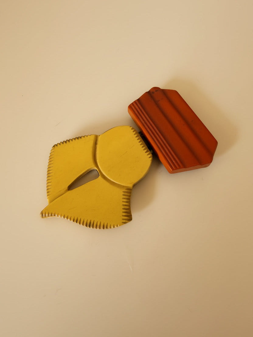 Vintage Art Deco Celluloid Belt Buckle – Asymmetrical Carved Butterscotch & Red Bakelite Style Buckle – 1930s Statement Piece