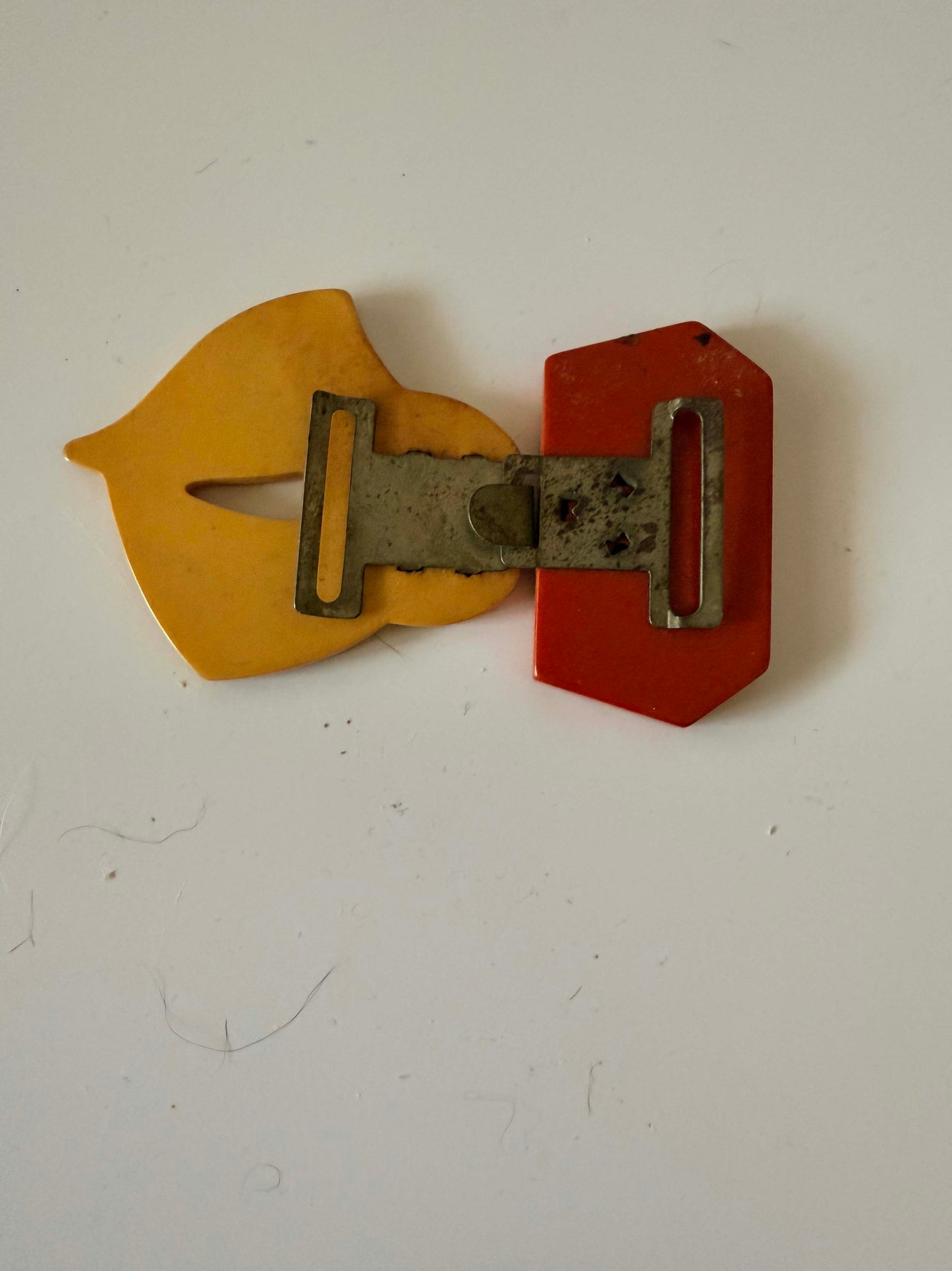 Vintage Art Deco Celluloid Belt Buckle – Asymmetrical Carved Butterscotch & Red Bakelite Style Buckle – 1930s Statement Piece