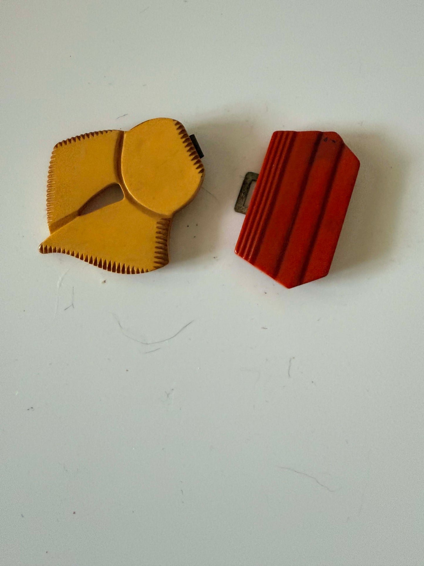 Vintage Art Deco Celluloid Belt Buckle – Asymmetrical Carved Butterscotch & Red Bakelite Style Buckle – 1930s Statement Piece