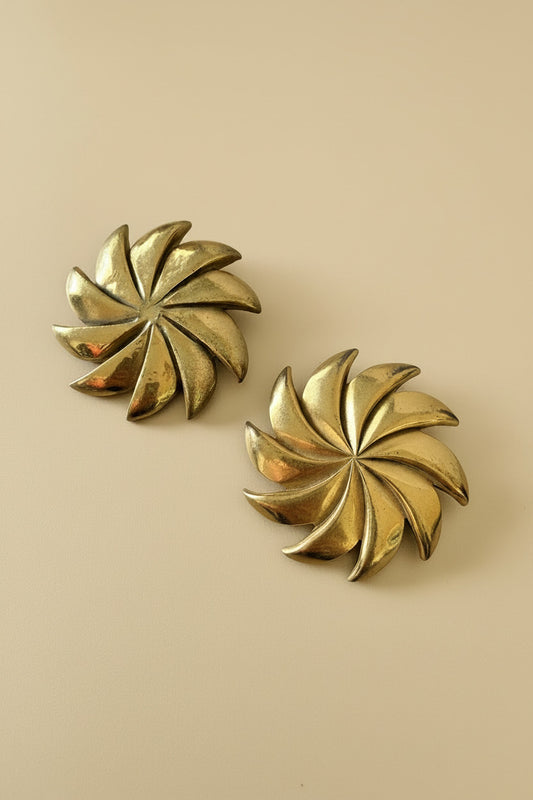 Vintage 1940s Brass Swirl Buttons Set of 2 Large Sculptural Metal Buttons Art Deco Revival Spiral Design Couture Coat Buttons