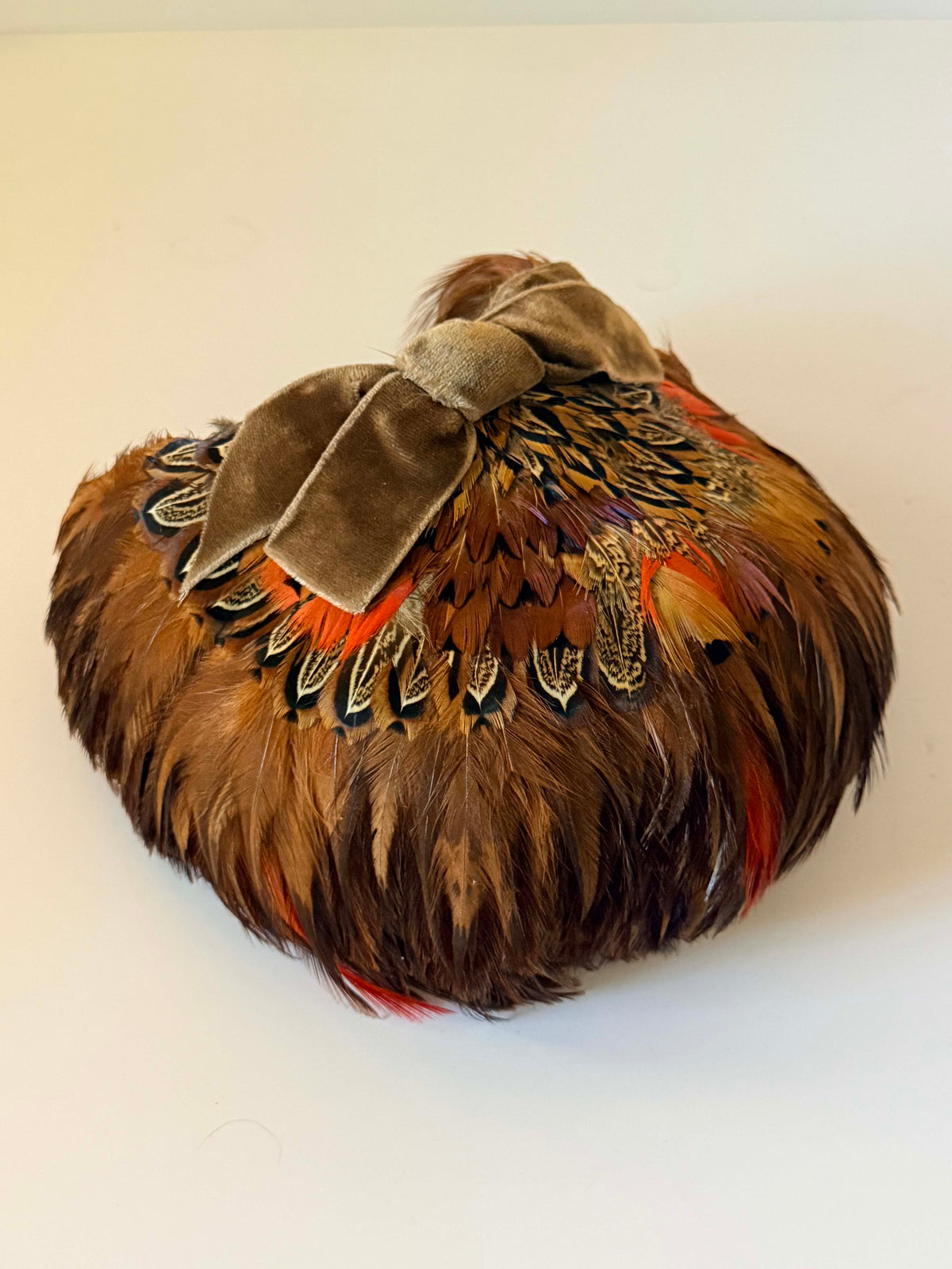 Vintage 1950s Feather Half Hat | Brown Pheasant Feather Cocktail Hat | Velvet Bow Mid Century Millinery