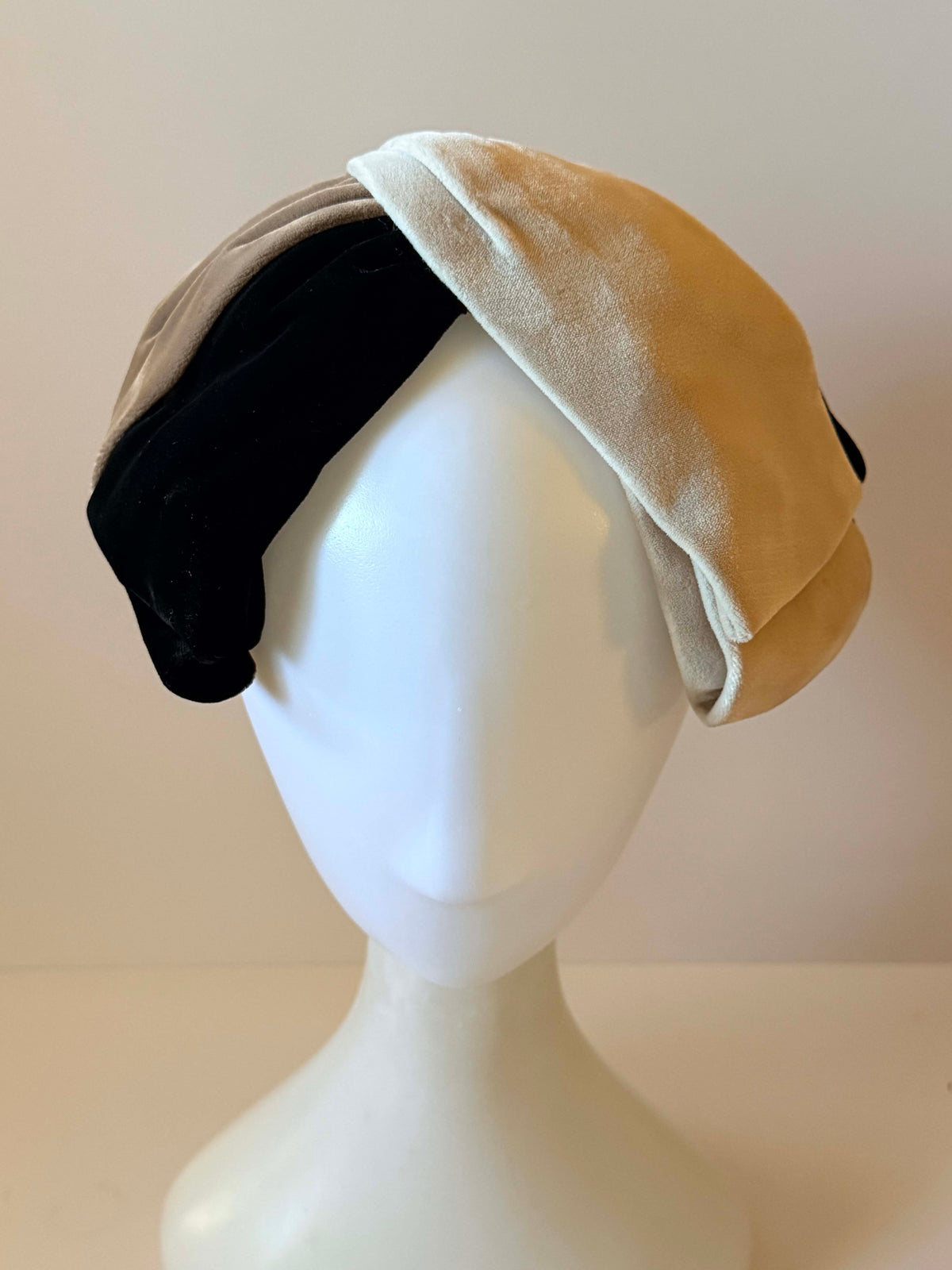 Vintage 1950s Amy New York Velvet Half Hat | Black Taupe Ivory Sculptural Cocktail Hat