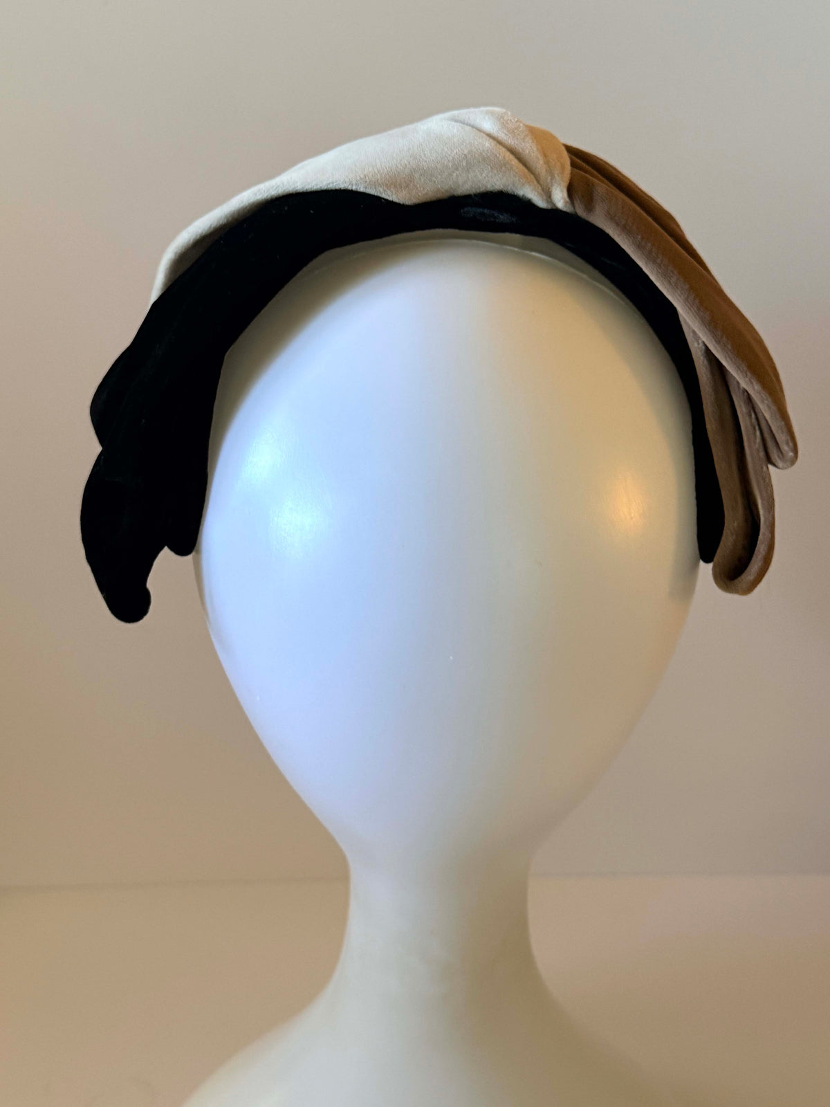 Vintage 1950s Amy New York Velvet Half Hat | Black Taupe Ivory Sculptural Cocktail Hat