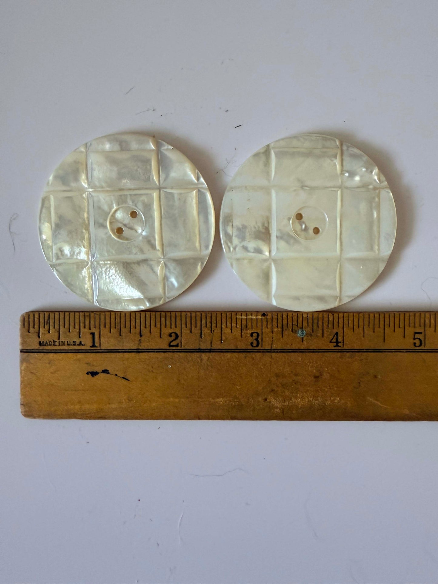 Vintage Mother of Pearl Buttons Large Cream Iridescent Carved Grid Design 2 Hole Set