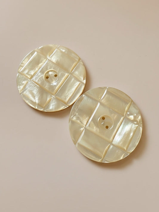 Vintage Mother of Pearl Buttons Large Cream Iridescent Carved Grid Design 2 Hole Set