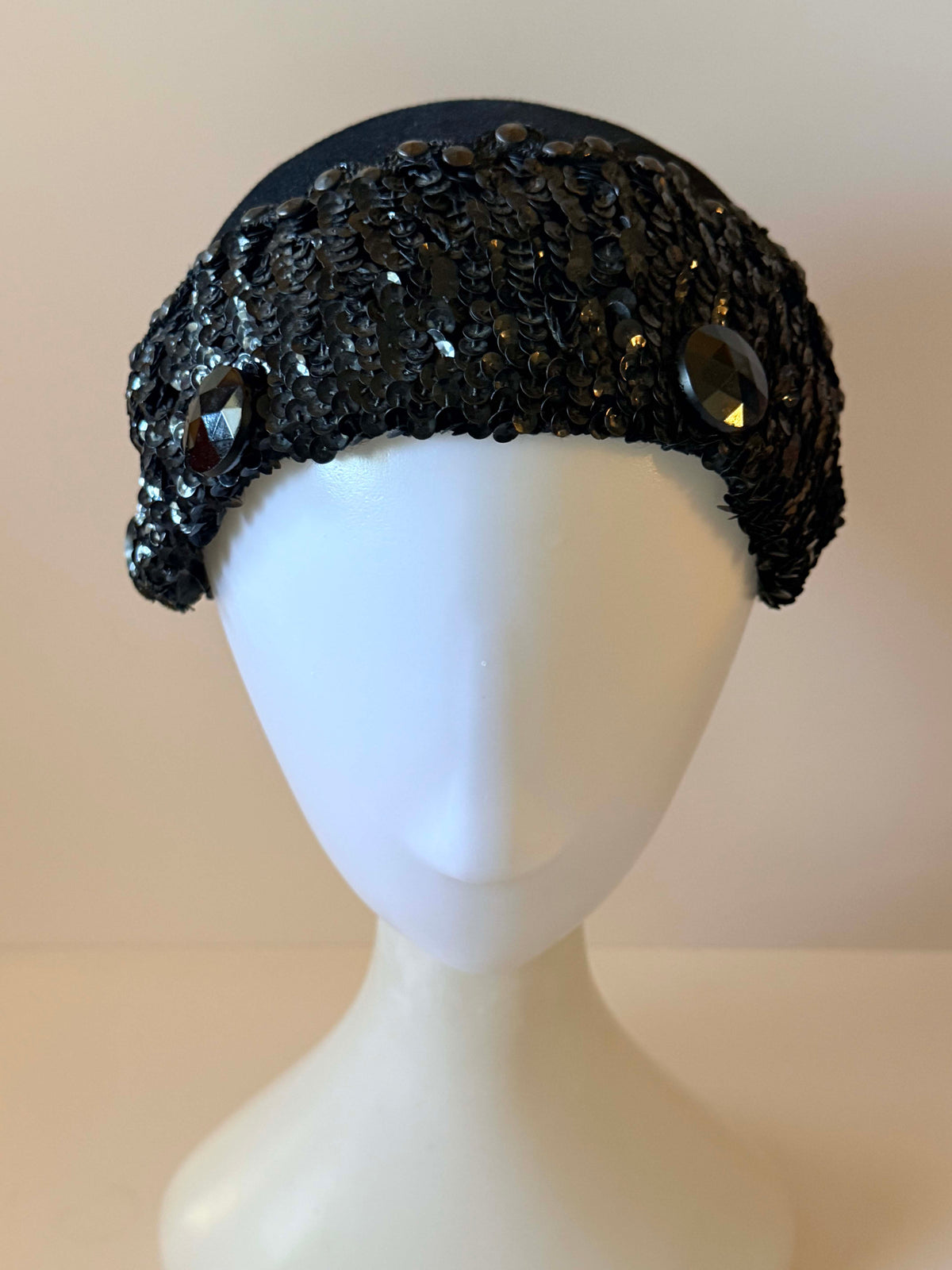 Vintage 1940s Lilyan Model Black Sequin Half Hat | Velvet Jeweled Cocktail Hat