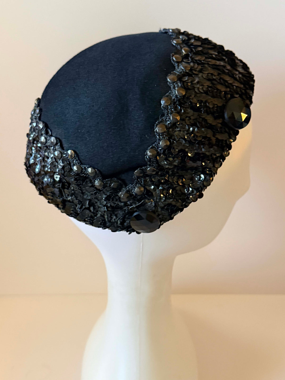 Vintage 1940s Lilyan Model Black Sequin Half Hat | Velvet Jeweled Cocktail Hat